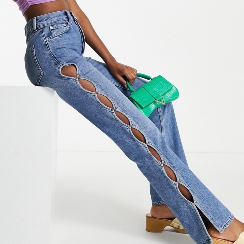 Topshop Kort Keyhole Flare Jeans NWT Sz 8 W30 L30 Side Cutouts New Mid Blue